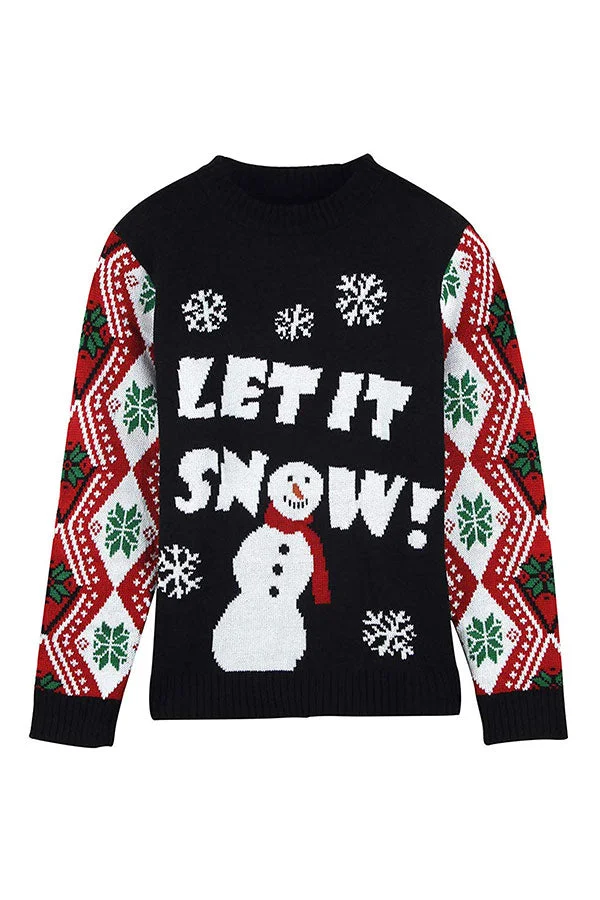 Womens Snowman Snowflake Ugly Christmas Sweater Black-elleschic