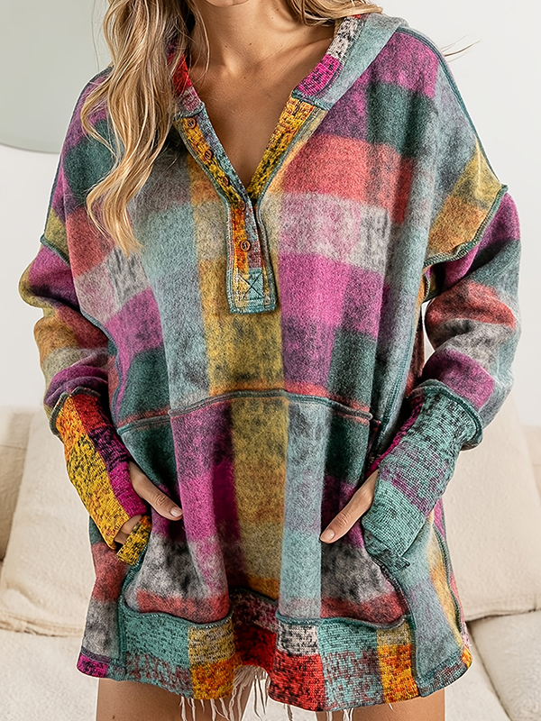 Loose Casual Plaid Hooded Sweatshirt