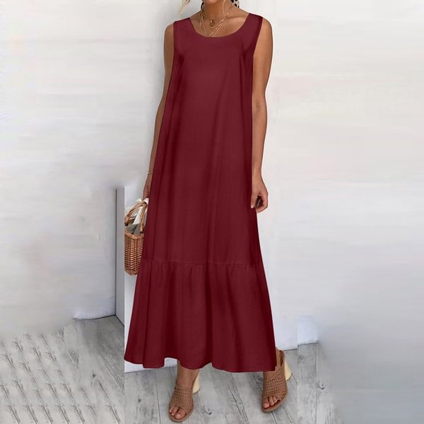Summer Women Sleeveless Long Dress Ruffled Hem Cotton Linen Party Casual Loose Maxi Dress Plus Size - Shop Trendy Women's Fashion | TeeYours