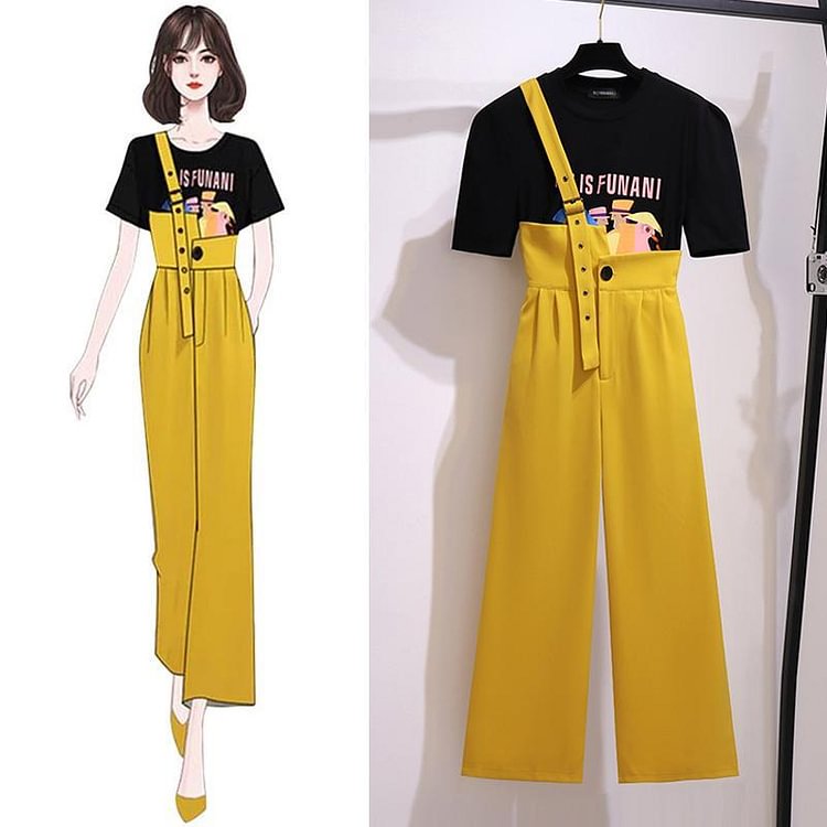 Fashion Print Tee+Yellow Overalls P11663