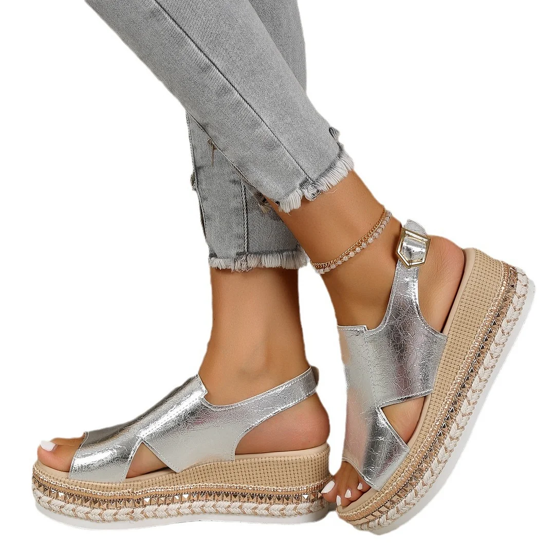 Yyvonne And Summer New Large-Size Hollow Fish Mouth Heel Sandals Women's Pine Cake Silver Bright Buckle Flat Women's Shoes
