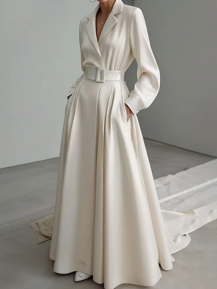 Elegant Notch Lapel Slant Pocket Belt Long Sleeve Maxi Dress