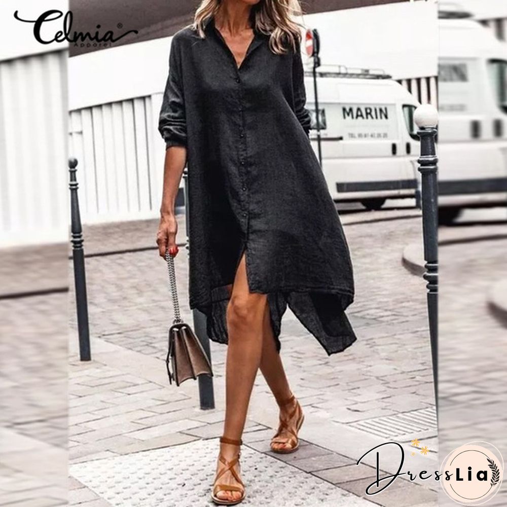 Celmia Women Cotton Long Sleeve Shirt Dress Fashion Irregular Split Hem Party Long Dress Vestidos Plus Size