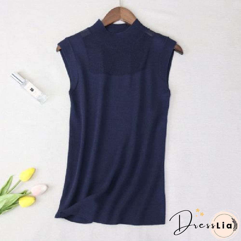 Hollow Out Sleeveless Women Knitted T Shirts Turtleneck Black Lace Sexy Lady Vest T Shirts Pink Loose Summer Thin Knit Tops