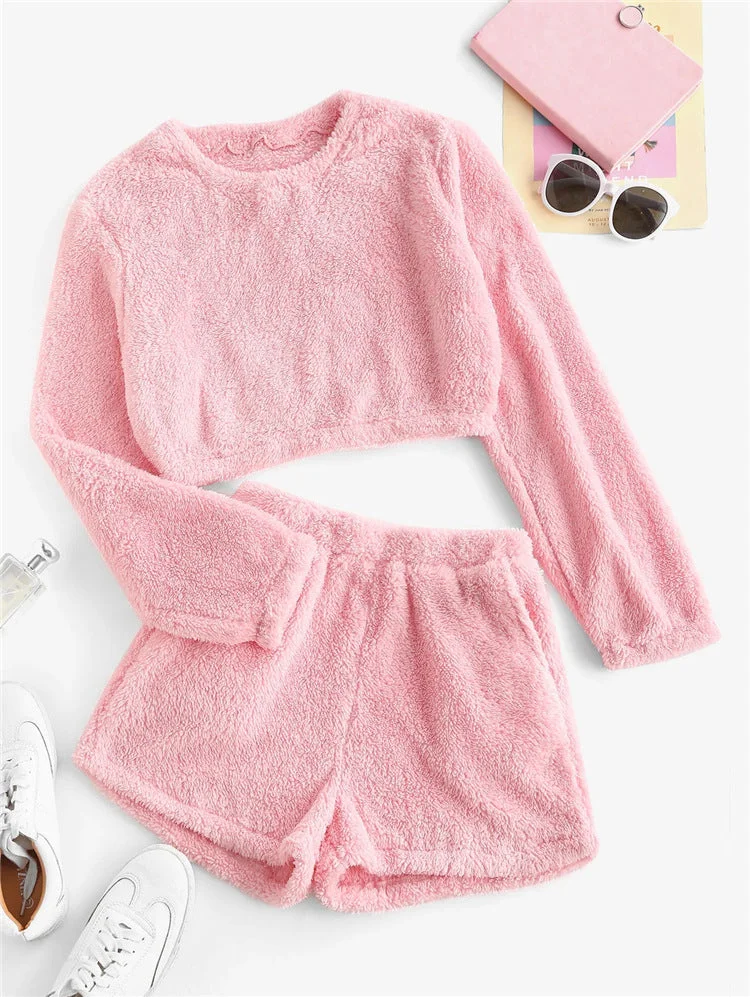 High Waist Long Sleeves Flocking Plus Shorts Home Leisure Coral Fleece Suit