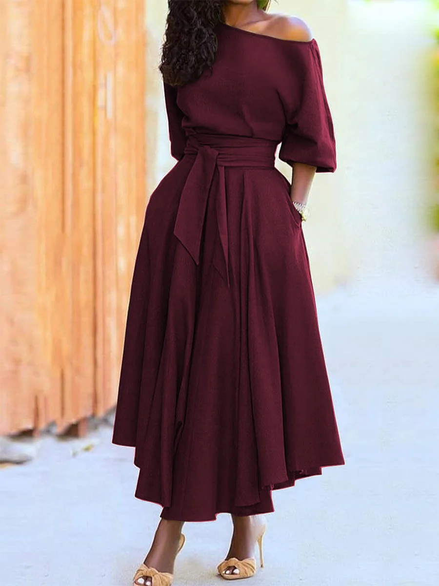 Uveng Collar Lace-up Waist-controlled Temperament Pure Color Dresses