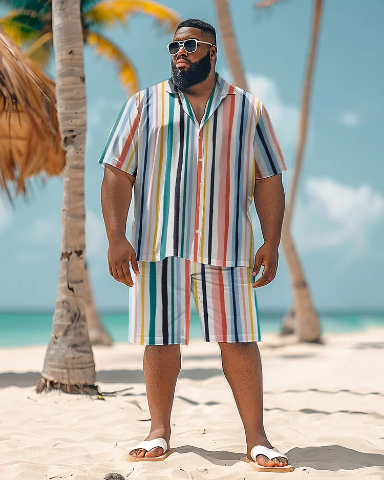 Men's Plus Size Hawaiian Color Stripe Print Shirt Shorts Suit