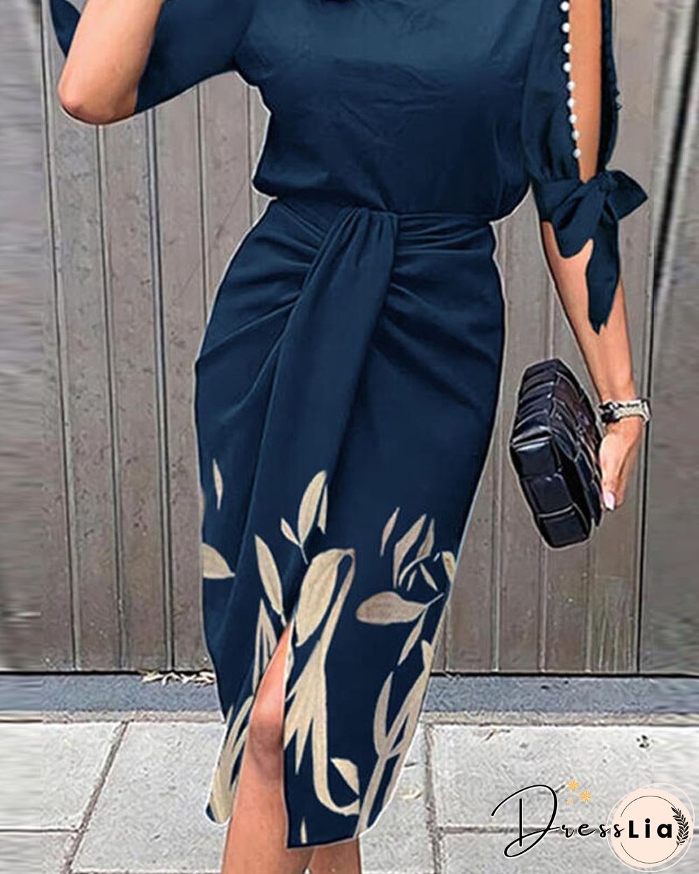 Leaf Print Pearls Decor Knotted Work Dress