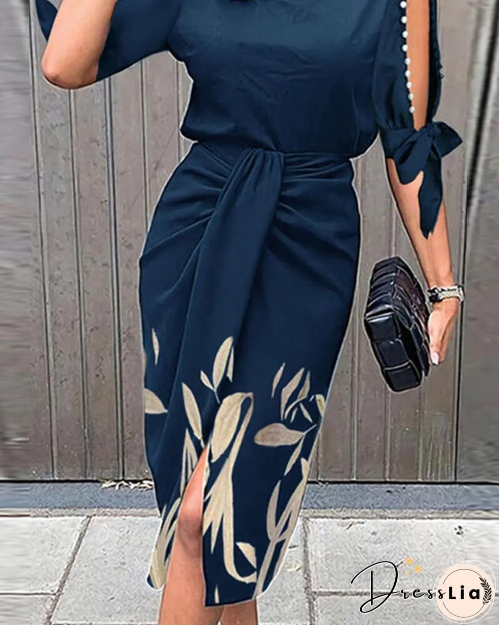Leaf Print Pearls Decor Knotted Work Dress