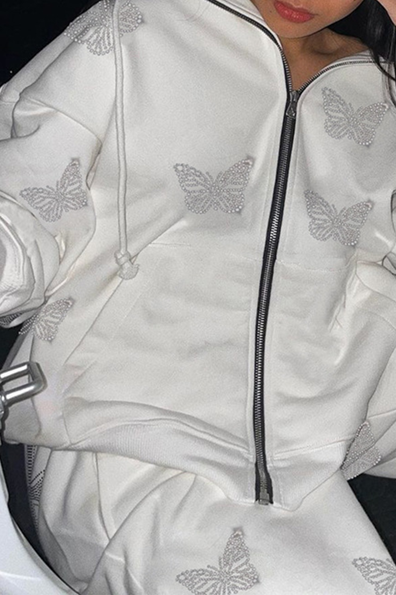 Casual Butterfly Print Split Joint Hooded Collar Outerwear
