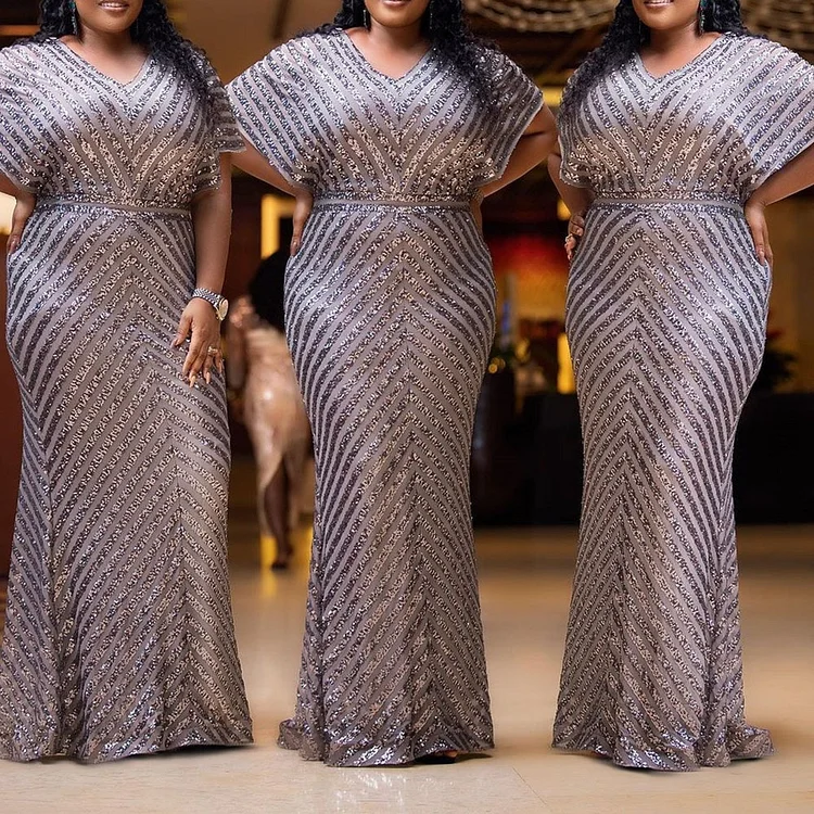 Plus Size Evening Party Dresses For Women 5XL African Sequin Maxi Long Dress Elegant Africa Clothes Large Size Robe Africaine QueenFunky
