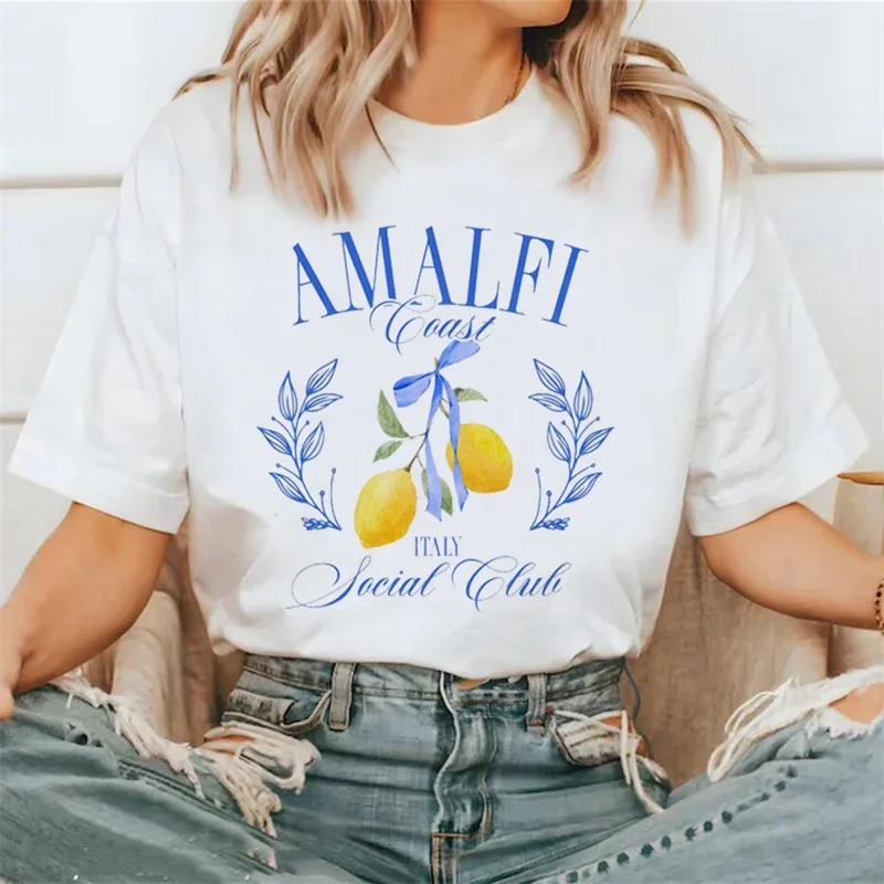 Women's Summer Fashion  Short Sleeved Trendy and Versatile Cartoon Social Club Printed O-Neck Top T-shirt.