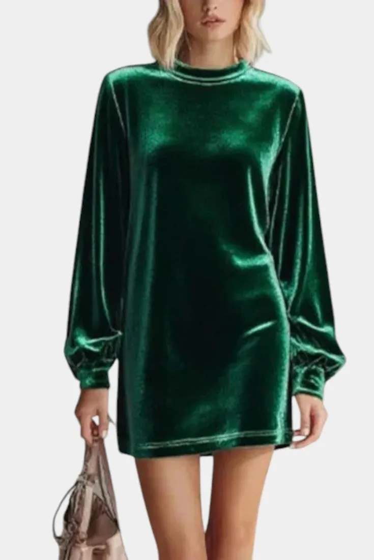 Velvet High-Neck Long-Sleeve Mini Dress