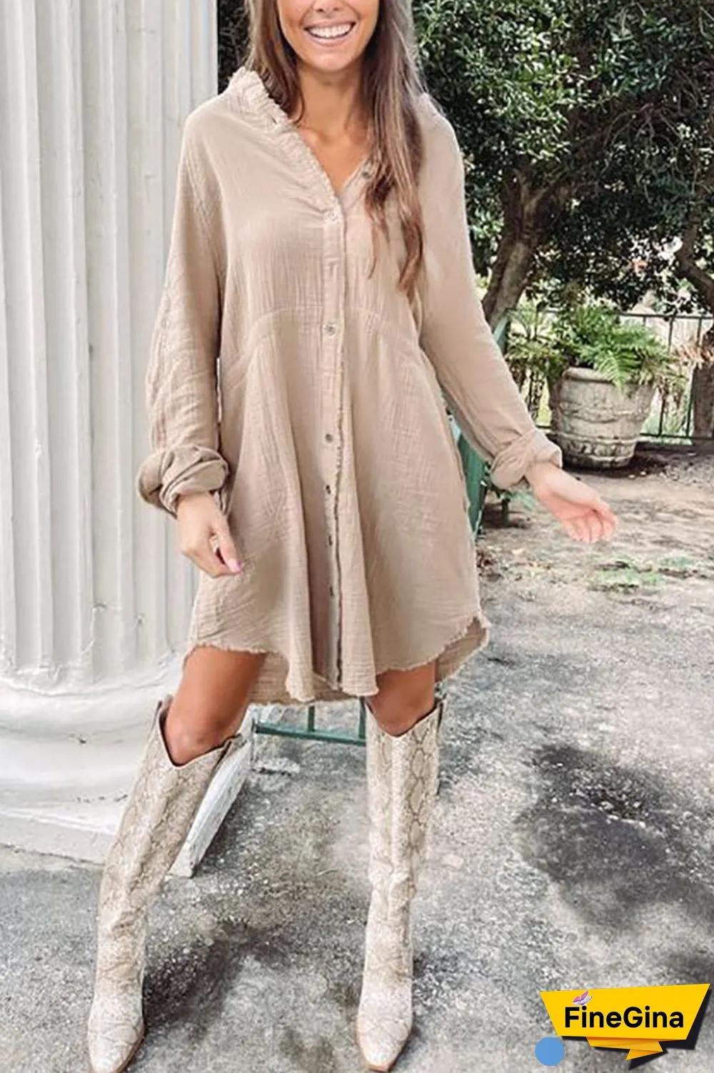 Button Pockets Shirt Mini Dress