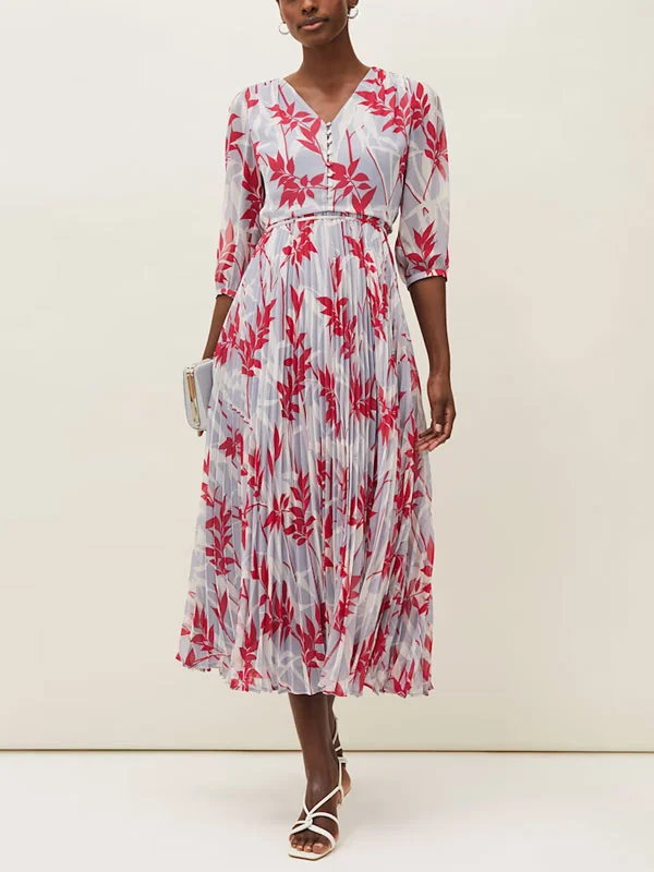 Printed Pleated Hem Temperament Chiffon Women's Dress