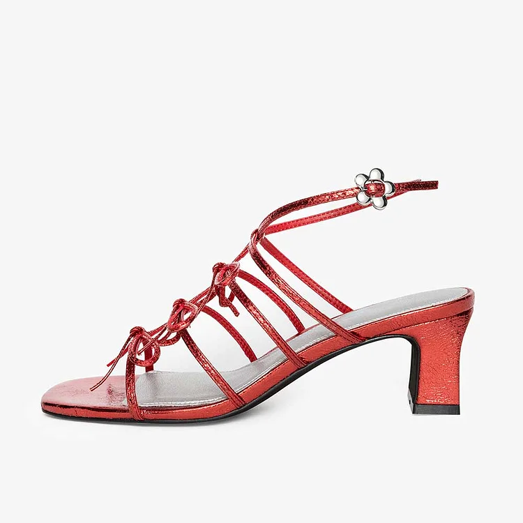Metallic Red Square Toe Bow Strappy Block Heel Sandals for Women |FSJ Shoes