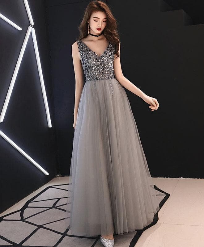 Gray V Neck Tulle Sequin Long Prom Dress, Gray Tulle Evening Dress