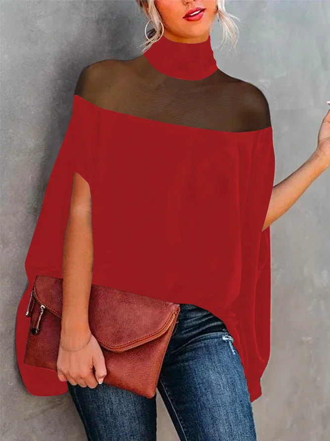 Batwing Sleeves See-Through High-Neck Blouses&Shirts Tops