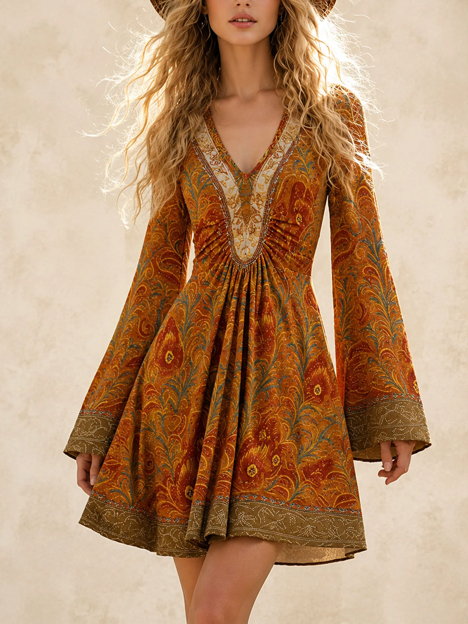 Perfect for a Country Music Festival or Rodeo &mdash; 2026 Autumn Women's Mustard Gold Floral Paisley V-Neck Bell Sleeve Chiffon Mini Dress