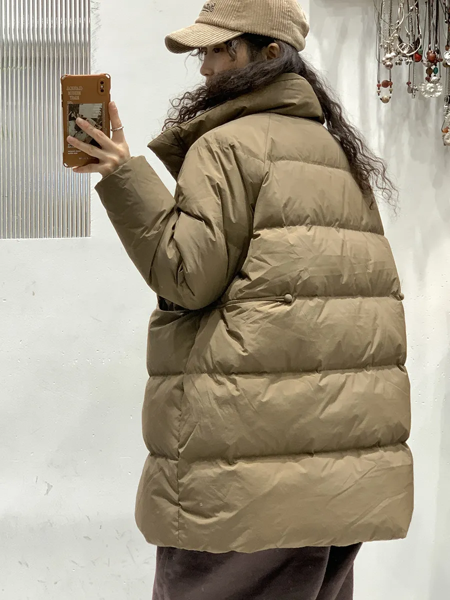 Uveng Pinghu Down Jacket Female 2024 Winter New Thickened Stand Collar Long Button Warm White Duck Down Coat Tide
