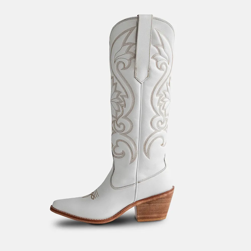 Women's Knee High Snip Toe Block Heel Embroidered White Cowgirl Boots