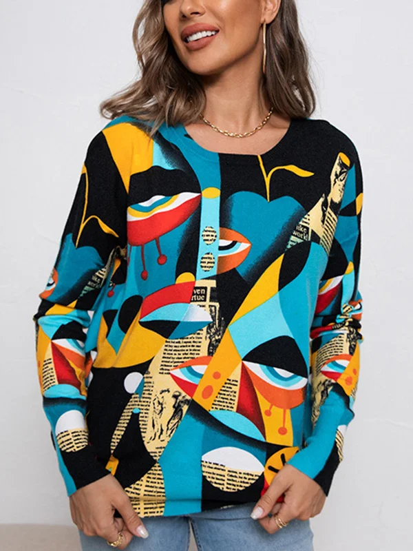 Long Sleeves Figure Printed Round-Neck Knitwear Pullovers Sweater Tops