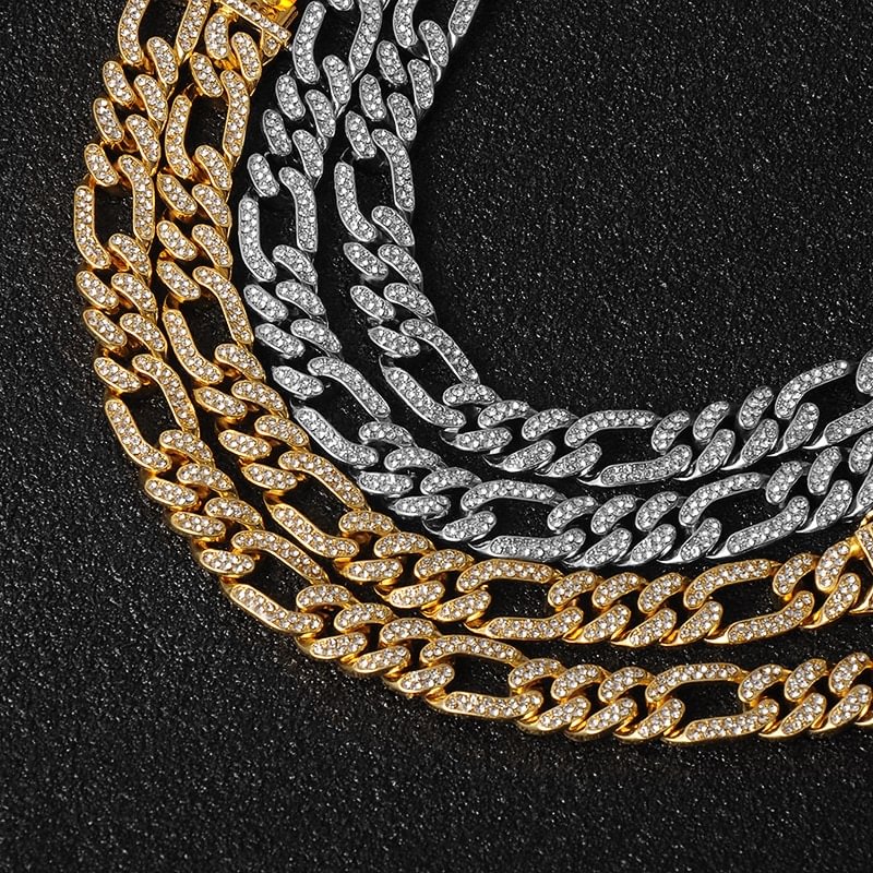 13MM Iced Out Paved Rhinestones Miami Curb Figaro Link Chain Necklace-VESSFUL