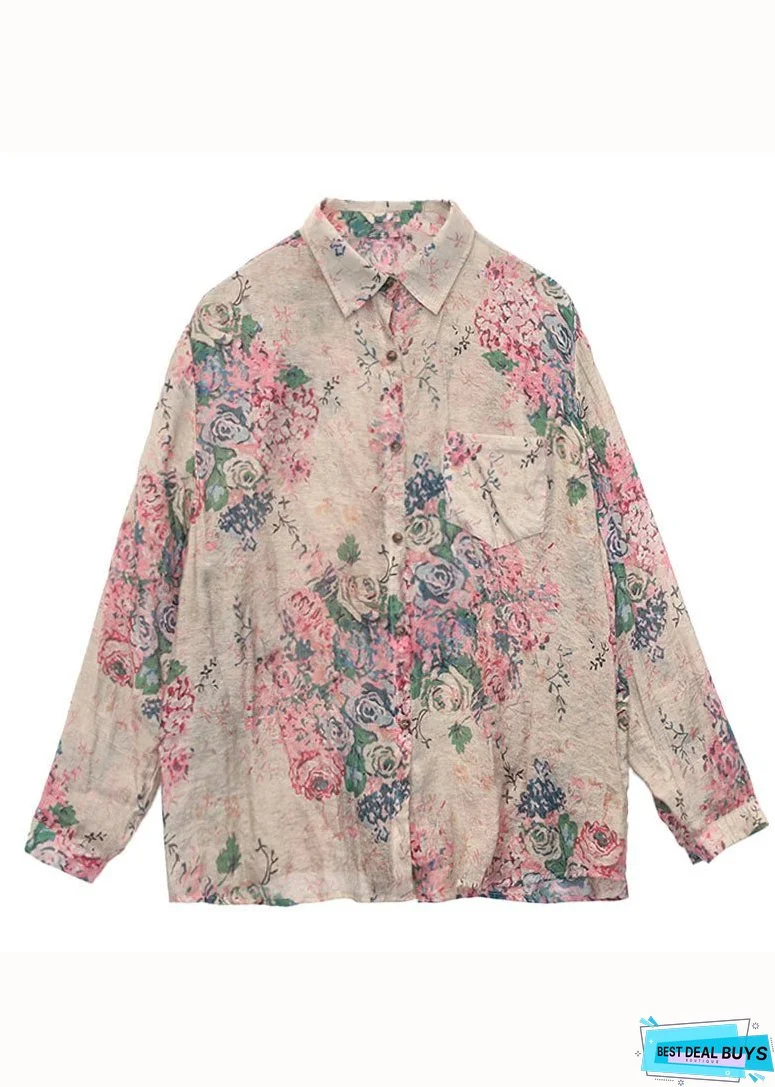 Modern Pink Peter Pan Collar Print Patchwork Linen Tops
