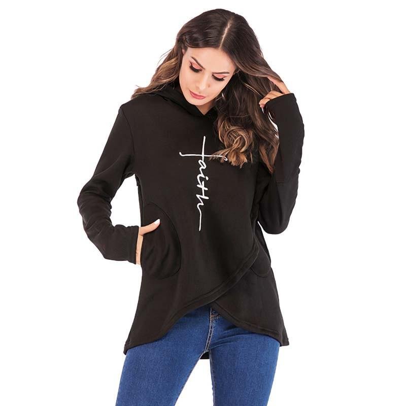 Women Hoodies Sweatshirts 2021 Autumn Winter Casual Fashion Faith Cross Embroidered Pullovers Long Sleeve Tops Oversized Hoodie