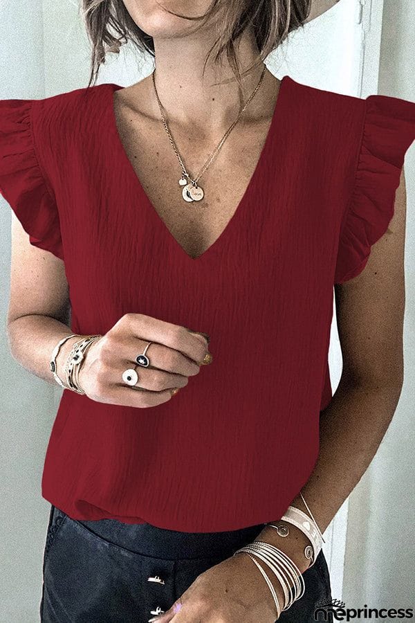 Casual T-shirt Solid V-neck Pullover Ruffle Sleeve Top