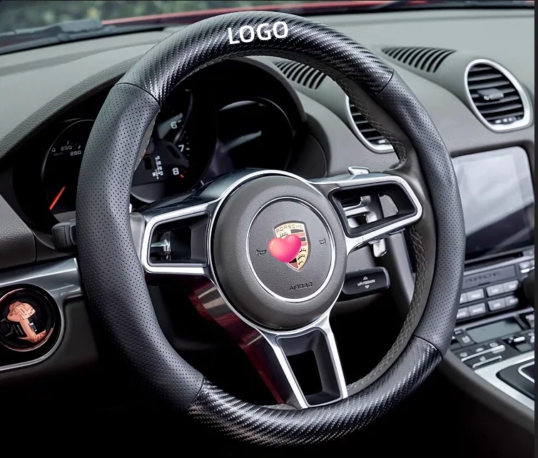 Customized car logo carbon fiber leather steering wheel cover