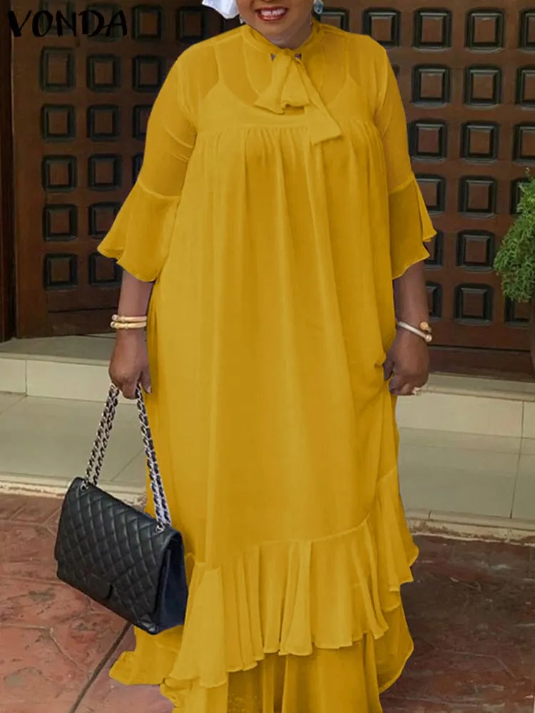 Summer Sleeveless Dress VONDA 2022 Women Bow Neck Flare Sleeve Pleated Ruffled Hem Long Maxi Dresses Bohemian Vestido Party Robe