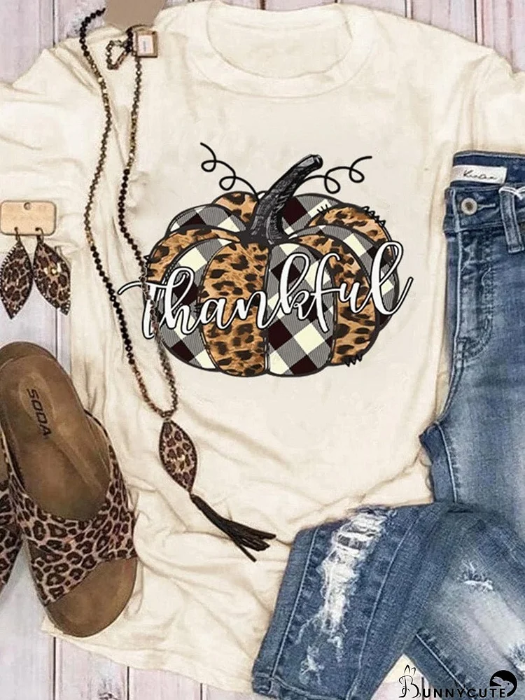 Khaki Thankful Pumpkin Graphic Tee with Plaid and Leopard Print