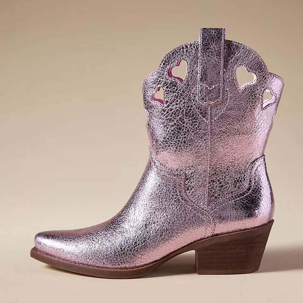 Pink Metallic Chunky Heel Booties Heart-Shaped Cut-Out Cowgirl Boots