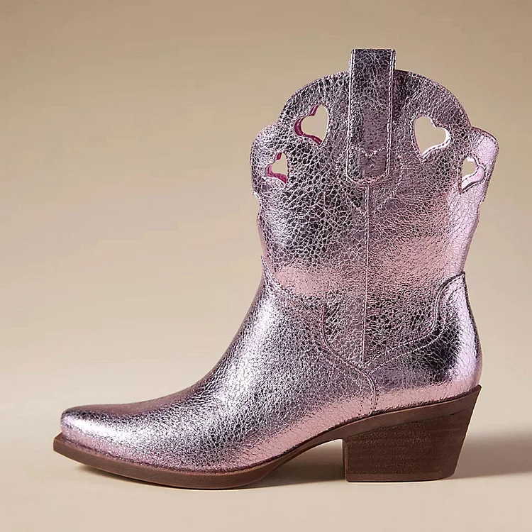 Pink Metallic Chunky Heel Booties Heart-Shaped Cut-Out Cowgirl Boots |FSJ Shoes