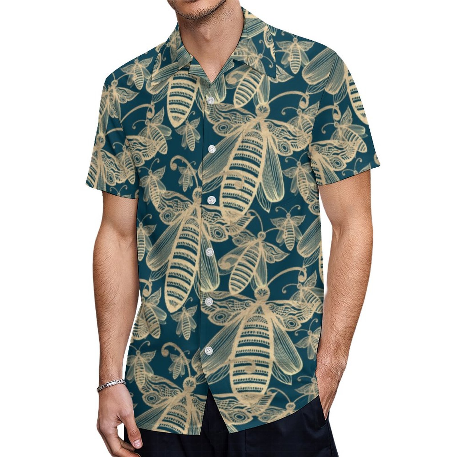 Boho Bee Swarm Chic Pattern Cream On Teal Hawaiian Shirt Mens Button Down Tropical Hawaii Beach Shirts