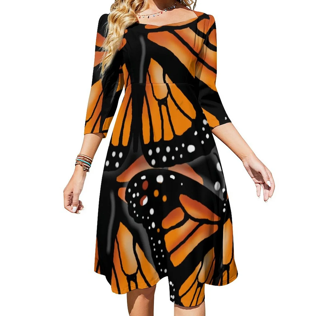 Monarch Butterfly Large Pattern By Slipperywindow Dress Sweetheart Tie Back Flared 3/4 Sleeve Midi Dresses