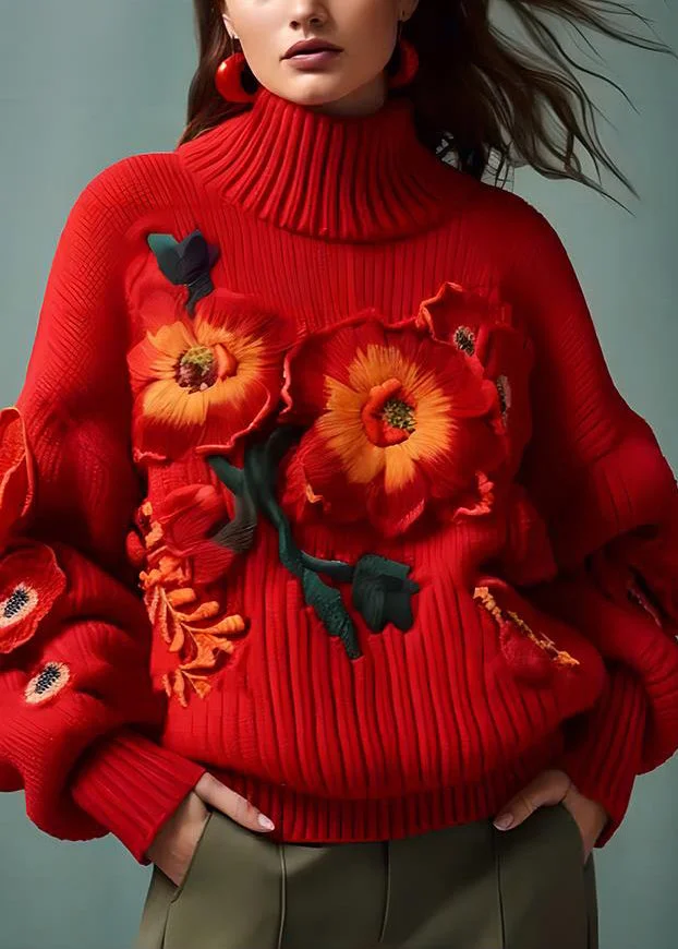 Floral Red Turtleneck Patchwork Cotton Knit Sweaters Long Sleeve