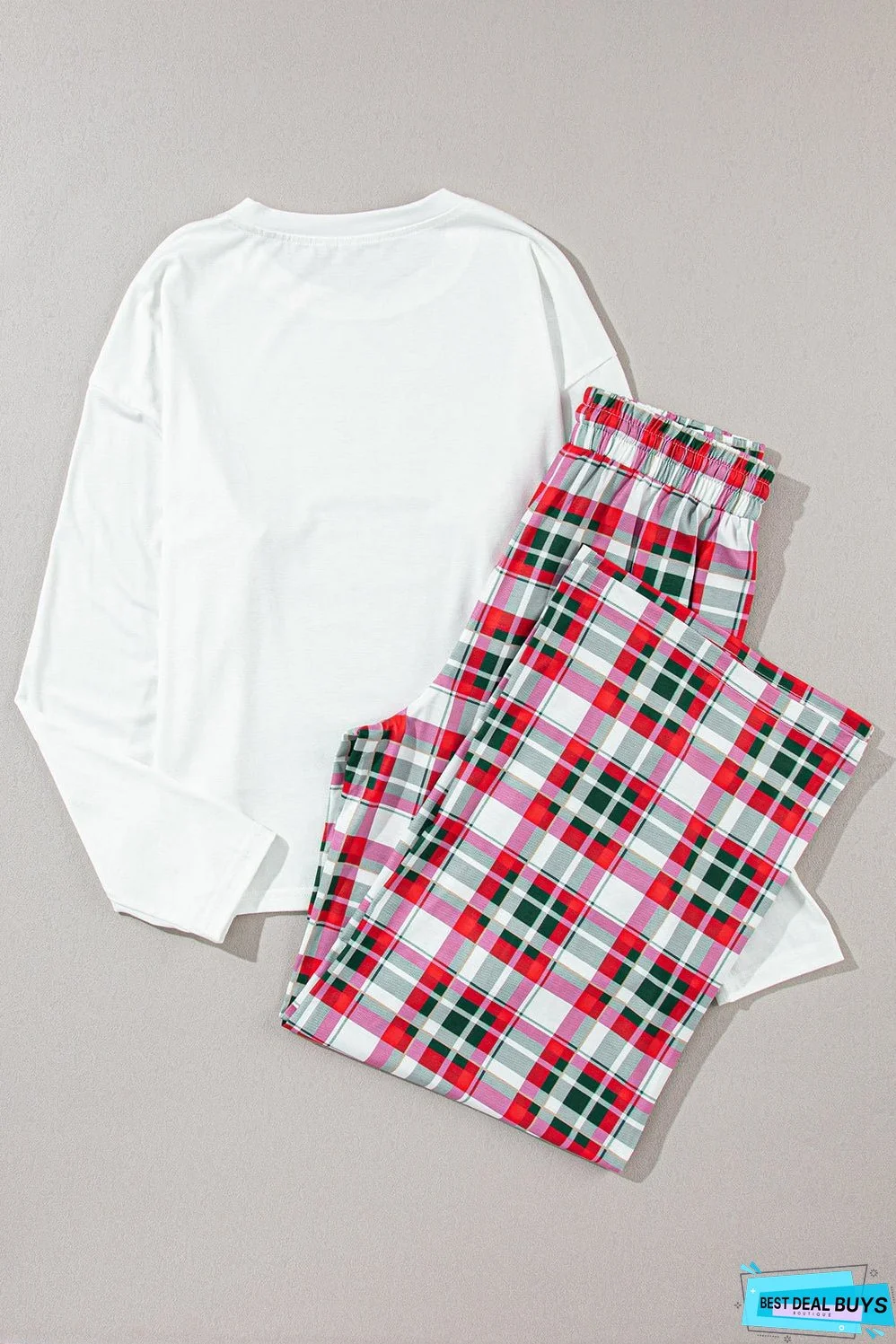 MERRY CHRISTMAS Round Neck Top and Plaid Pants Set