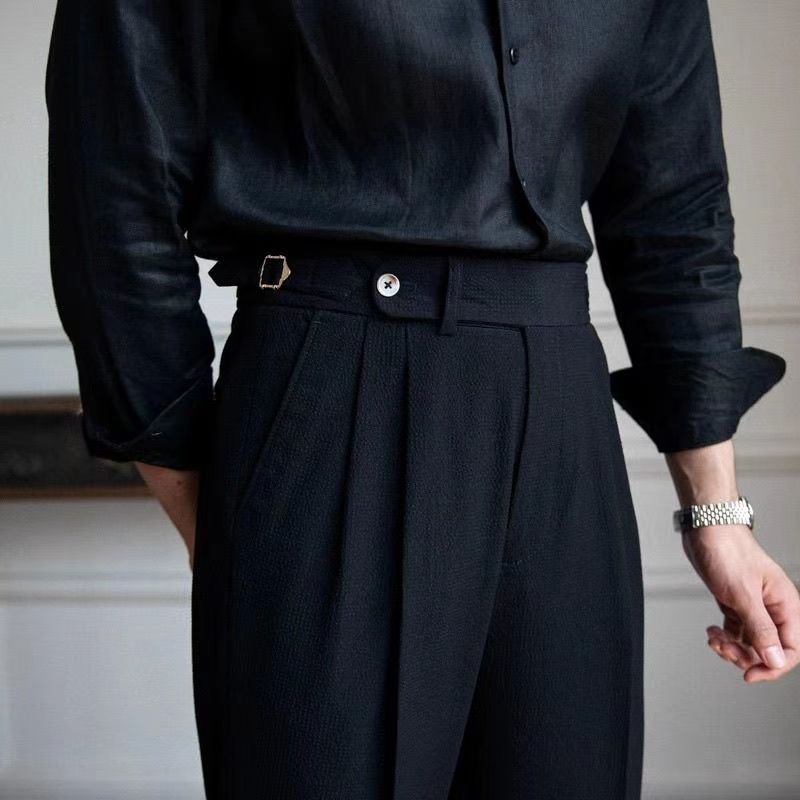 Gandisa Seersucker Naples Suit Trousers Mens British Stylish High-waisted Belt Design Straight Pants Summer Slim Business Casual Pants