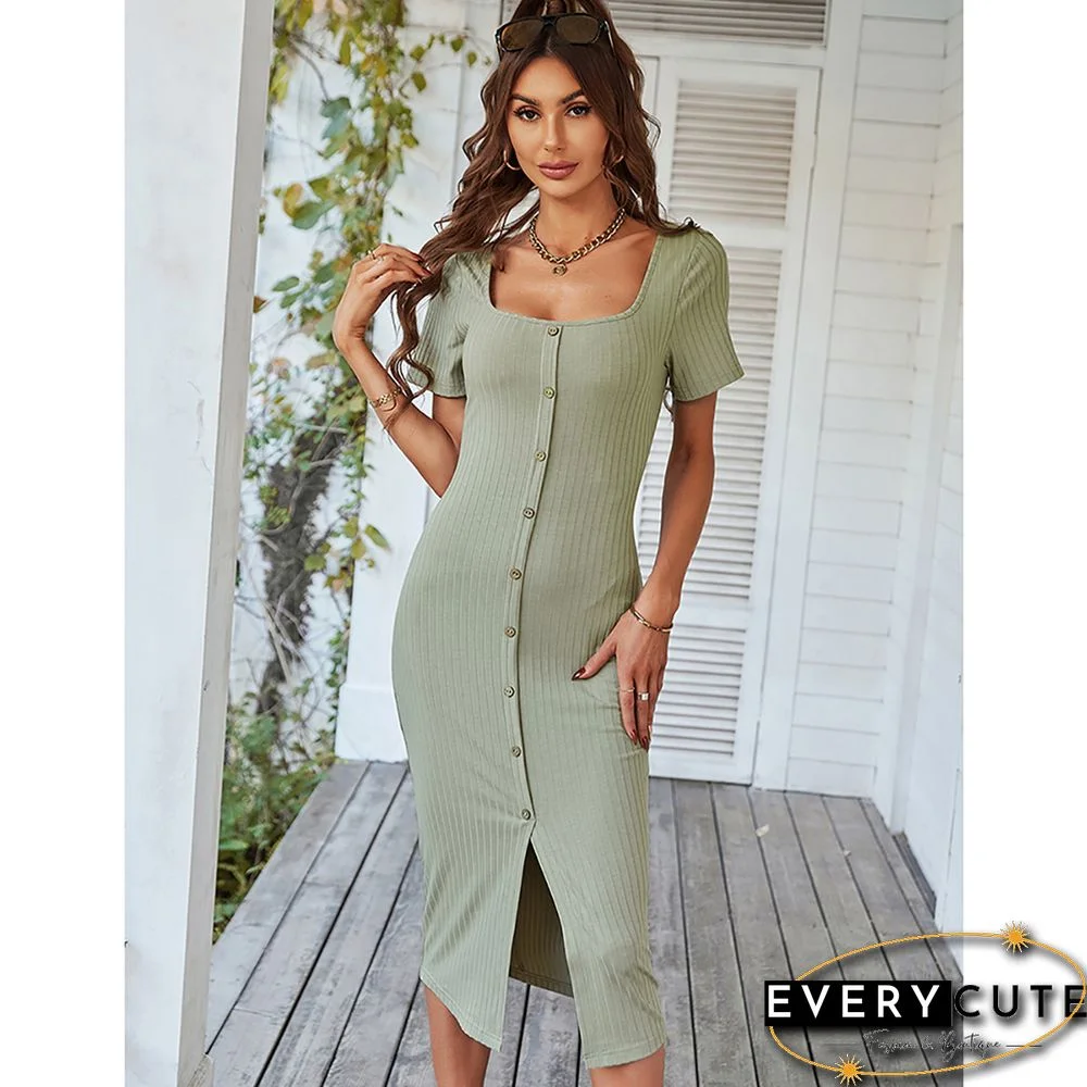 Light Green Rib Button Split Bodycon Dress