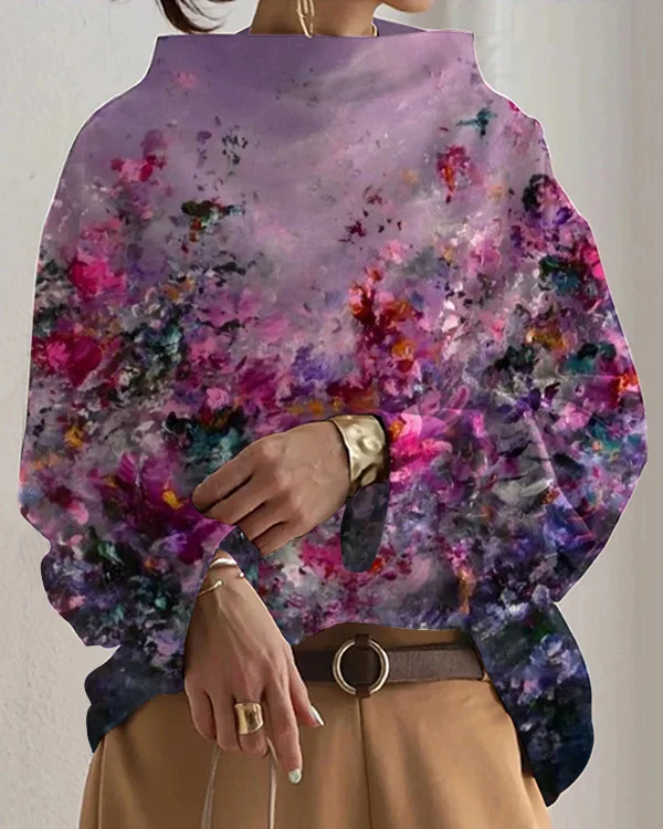 Women's Retro Half Turtleneck Floral Print Loose Casual Sweatshirt