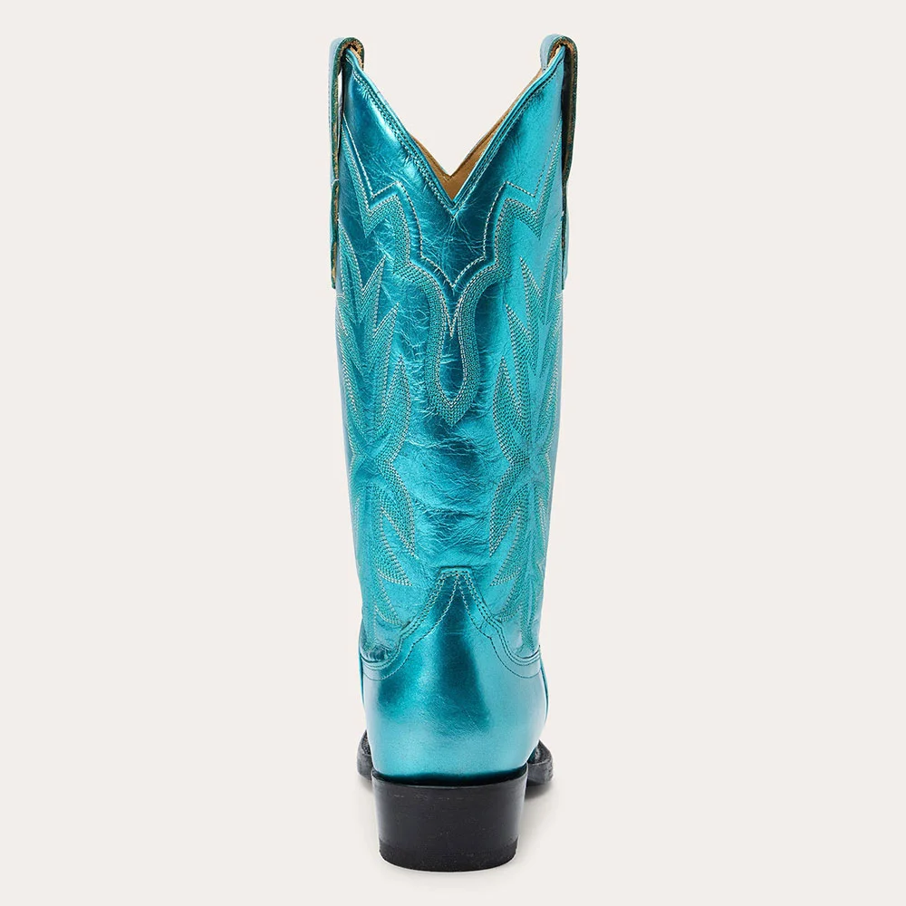 Teal Metallic Finish Chunky Heel Cowgirl Boots with Embroidery