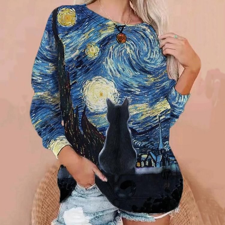 BrosWear Oil Painting Cat Moon Print Round Neck Long Sleeve Sweatshirt