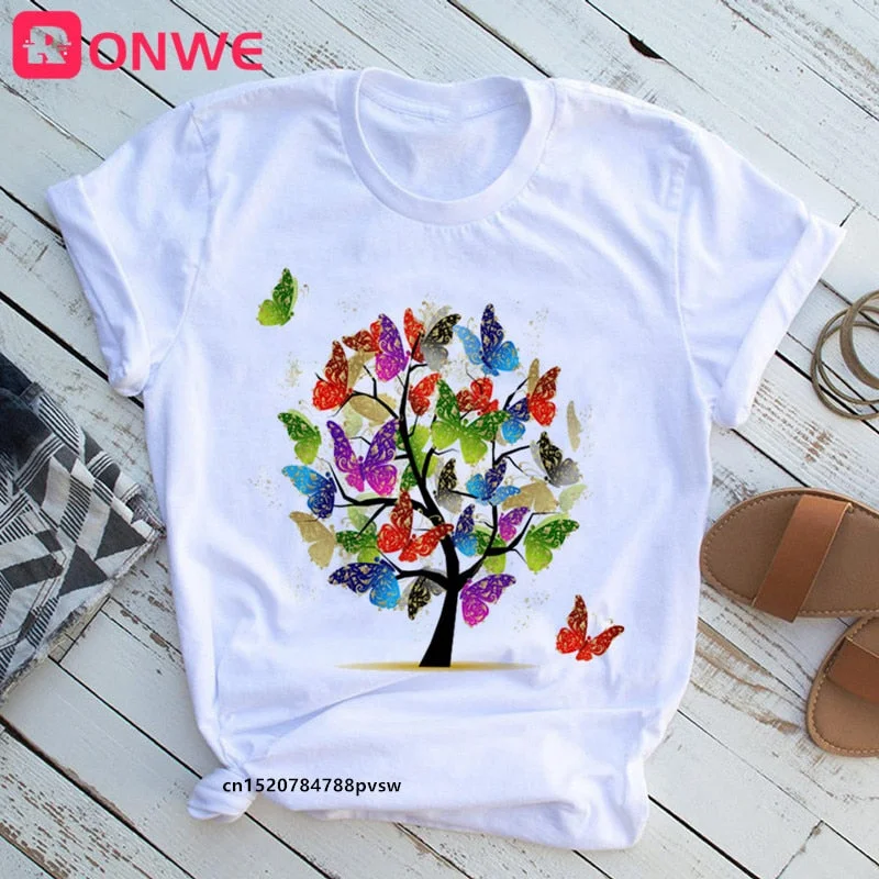 3D Butterfly Tree Print Women T-shirt Summer Casual 90s Harajuku Funny Tshirt Female Soft Short Sleeve Tops,Drop Shipping