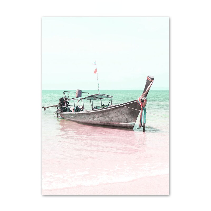 Nordic Home Art Canvas Picture Pink Beach Wave Landscape Painting Flamingo Flower Car Poster Shopping Mall Decoration Mural