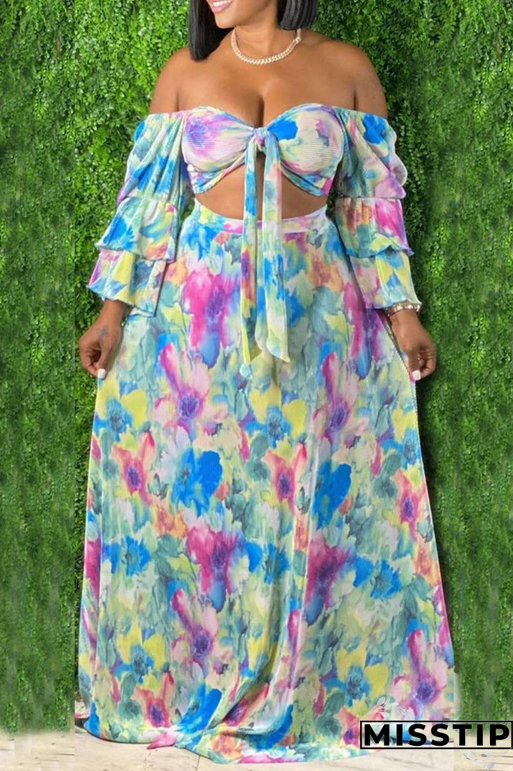 Blue Pink Sweet Print Patchwork Off the Shoulder Straight Plus Size Two Pieces