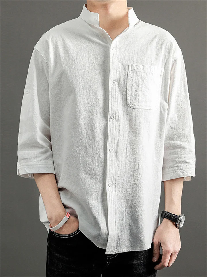Summer New Men's Cotton Linen Medium-sleeved Shirt Casual Seven-minute Sleeve Men's Shirt Thin Section Loose Stand-up Collar Blouse