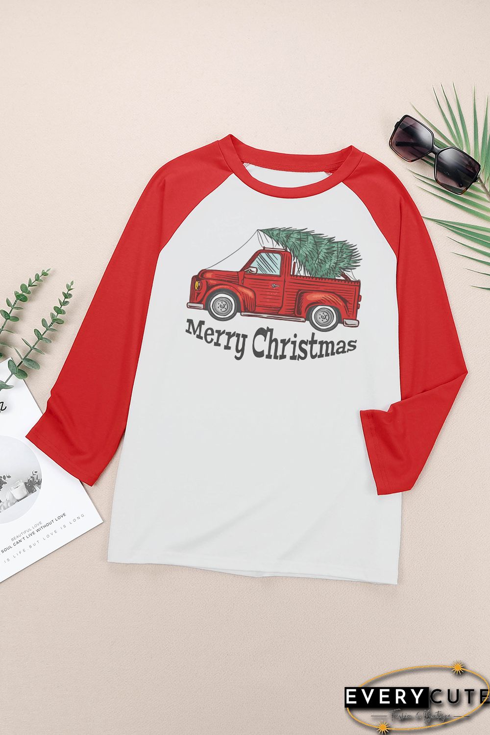 Red Merry Christmas Truck Graphic Print Color Block Top
