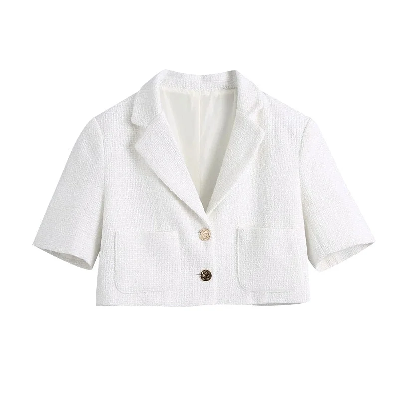 KPYTOMOA Women 2021 Fashion Metal Button Tweed Cropped White Blazer Coat Vintage Short Sleeve Pockets Female Outerwear Chic Tops